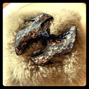 Beverly Feldman Nude/Black Lace High Heel Booties